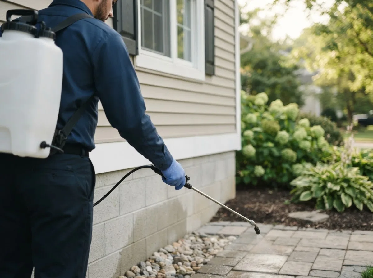 Pest control technician inspecting a home in Somerset, TX